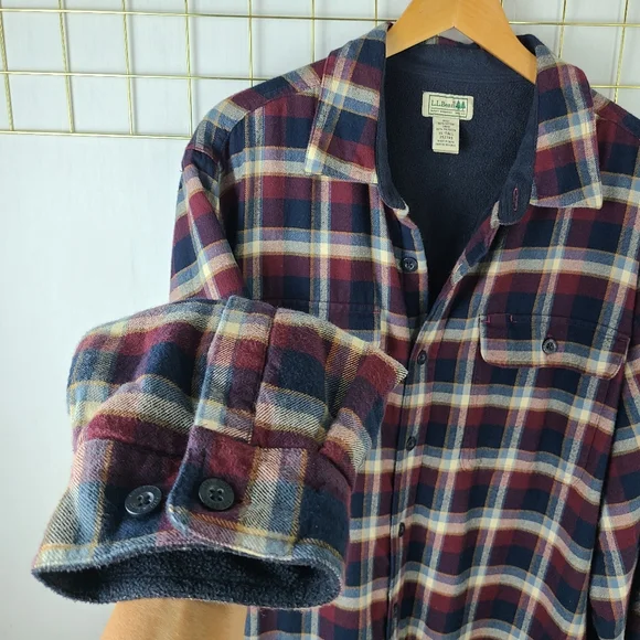 L.L. Bean Blue Plaid Heavyweight Fleece Lined Chore Shirt Jacket Shacket - Picture 6 of 12